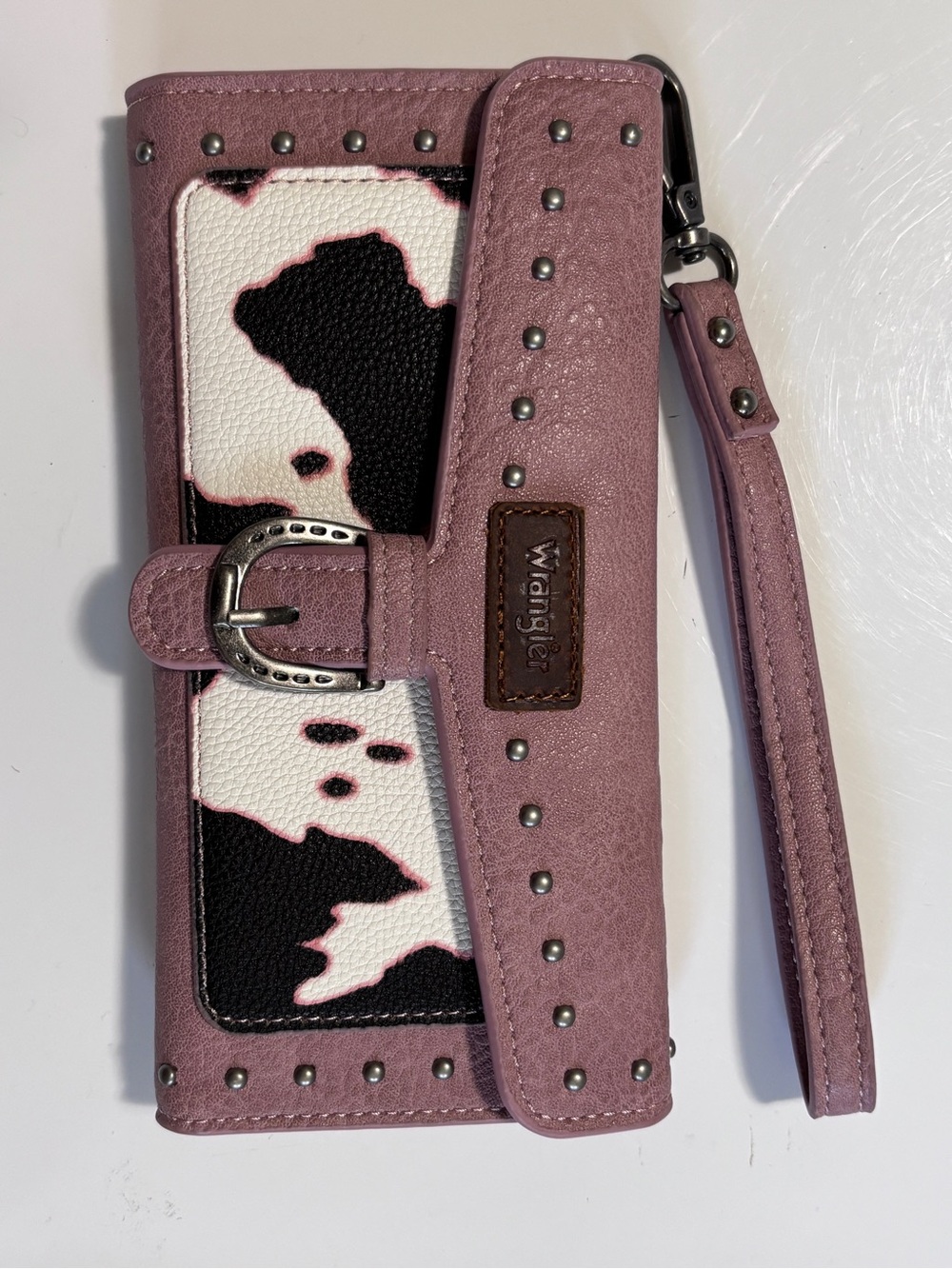 Wrangler Pink Cow Print Studded Western Wristlet Wallet